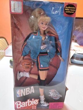 Vintage NBA Barbie Wearing A PISTONS Uniform.
